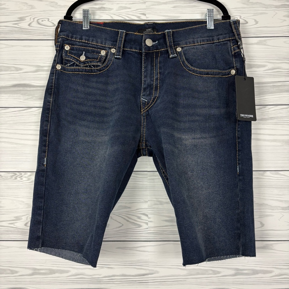 NWT TRUE RELIGION RICKY BIG T FLAP SHORT RAW HENLM DARK SULTRY WASH SHORTS 34